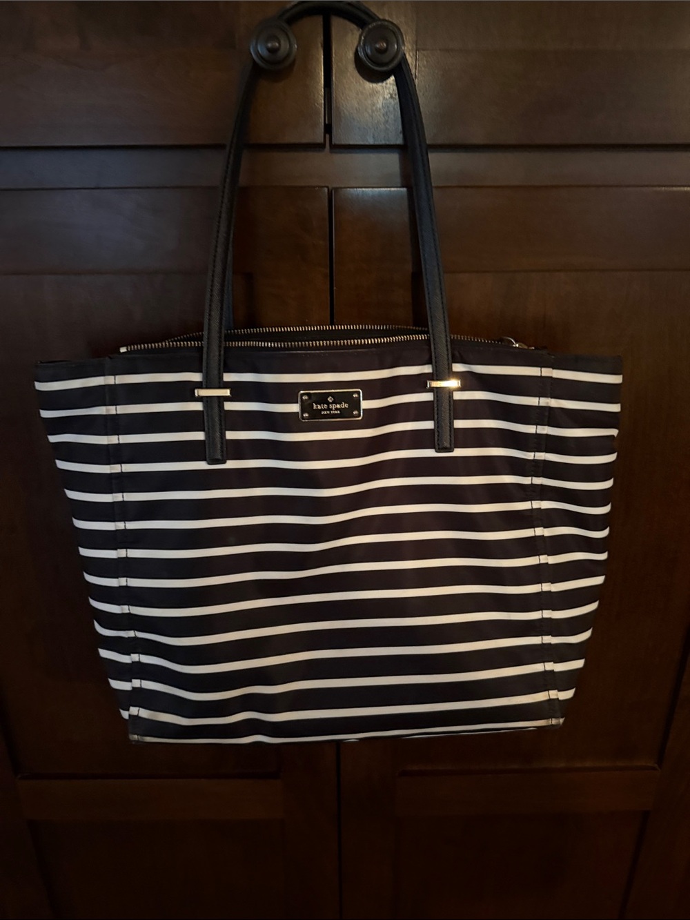 kate spade black and White Striped Tote with Gold Hardware